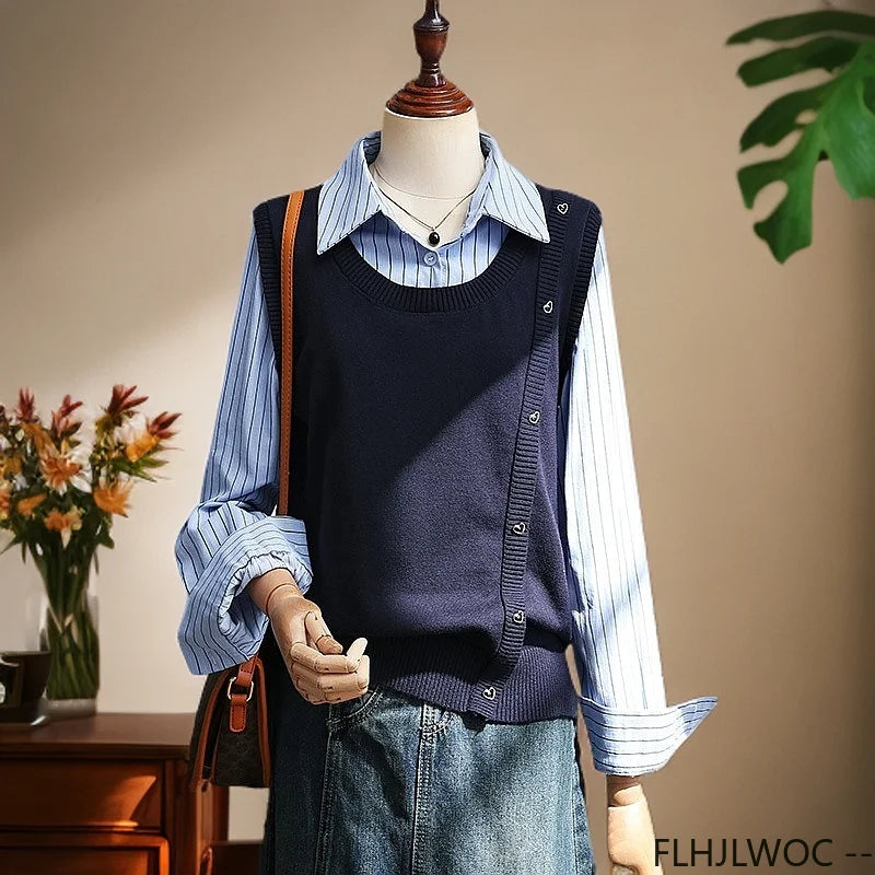 Cralom Patchwork Striped Knit Sweater Office Blouse: Preppy Style Fashion for Women