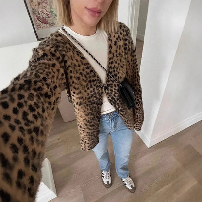 Cralom Leopard Print V Neck Cardigan Slim Fit Long Sleeve Coat Women's Fashion