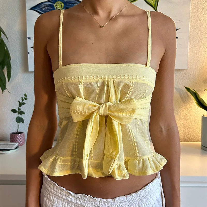 Cralom Yellow Ruffles Backless Tank Top - Summer Sweet Street Style