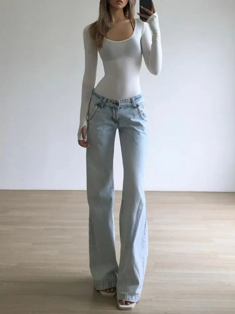 Cralom Streetwear Button Pockets Y2K Straight Jeans in Vintage Blue for Women