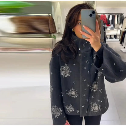Cralom Diamonds Loose Jacket Stand Neck Patchwork Coat
