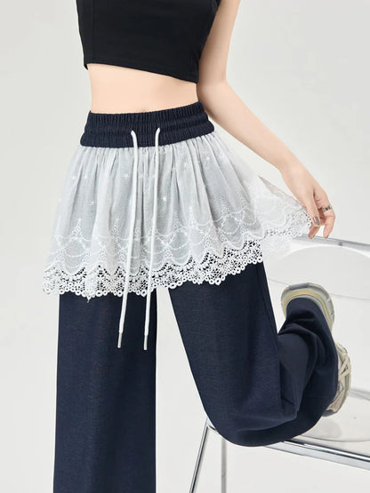 Cralom Lace Spliced Capris Loose Lace-Up Pants 2025 Spring-Summer Streetwear Fashion