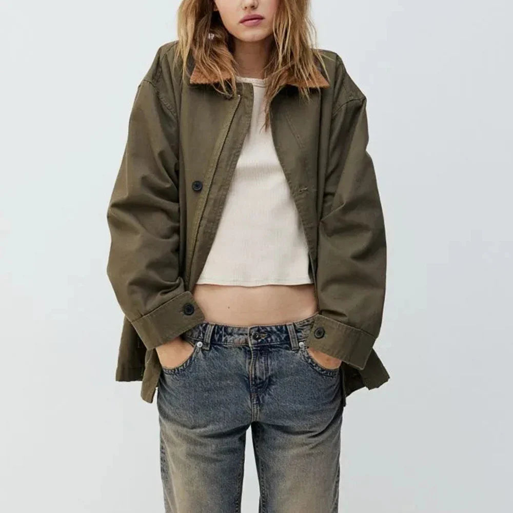 Cralom Solid Spliced Lapel Jacket with Pockets, Chic Minimalist Design