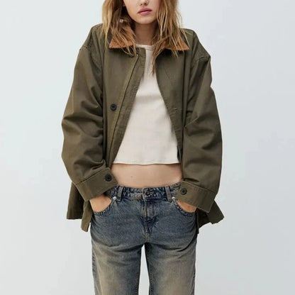 Cralom Solid Spliced Lapel Jacket with Pockets, Chic Minimalist Design