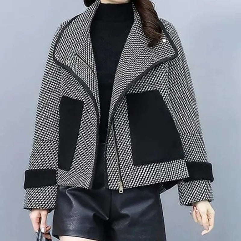 Cralom Vintage Plaid Tweed Crop Jacket for Women's Winter Outerwear