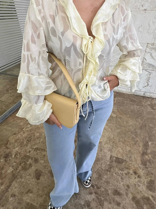Cralom Ruffled Lace Up Blouse: Elegant Long Sleeve Loose Fit Shirt