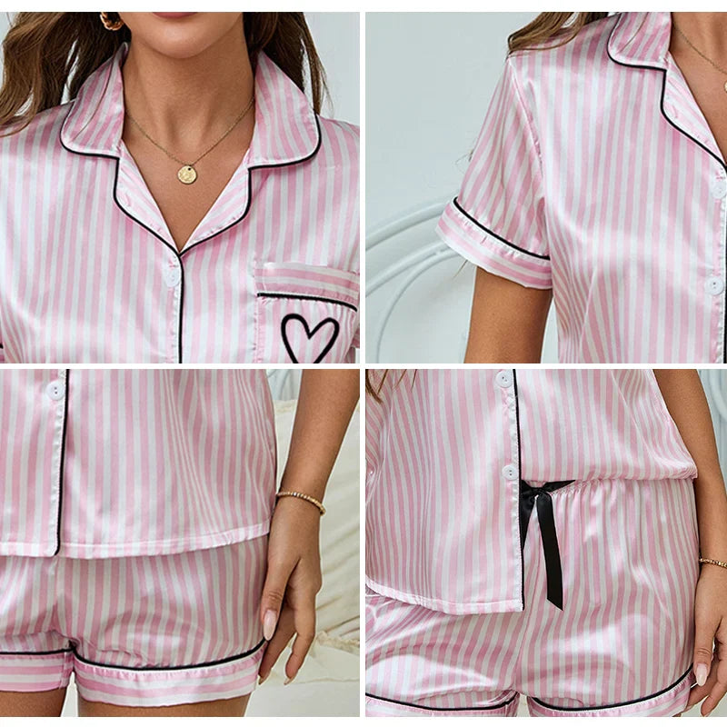 Cralom Satin Striped Embroidered Pocket Pajama Set