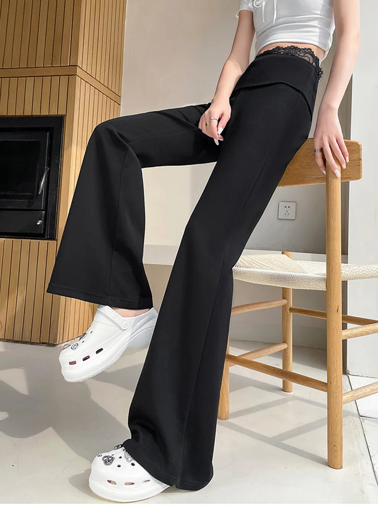 Cralom Lace Trim High Waist Capris, 2025 New Vintage Streetwear Bootcut Pants