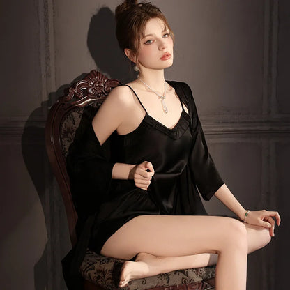 Cralom Satin Nightgowns Set: Sexy Ice Silk Pajamas, Summer/Fall Loungewear