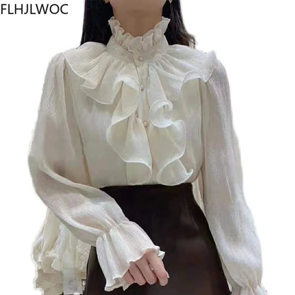Cralom Ruffled White Long Sleeve Shirt - Elegant Office Lady Blouse