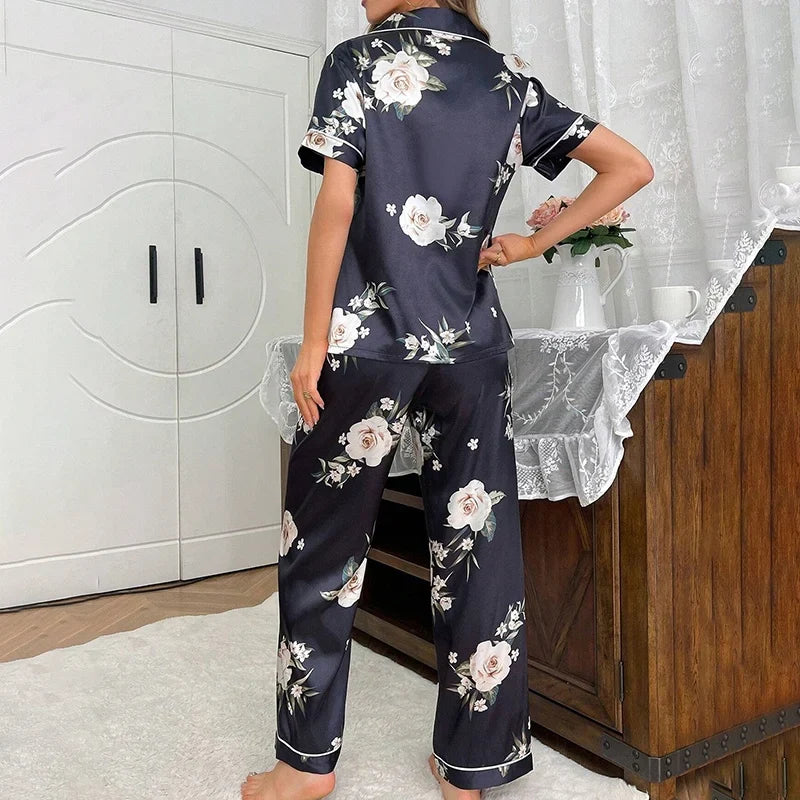 Cralom Women's Floral Satin Pajama Set - Short Sleeve Top & Pants