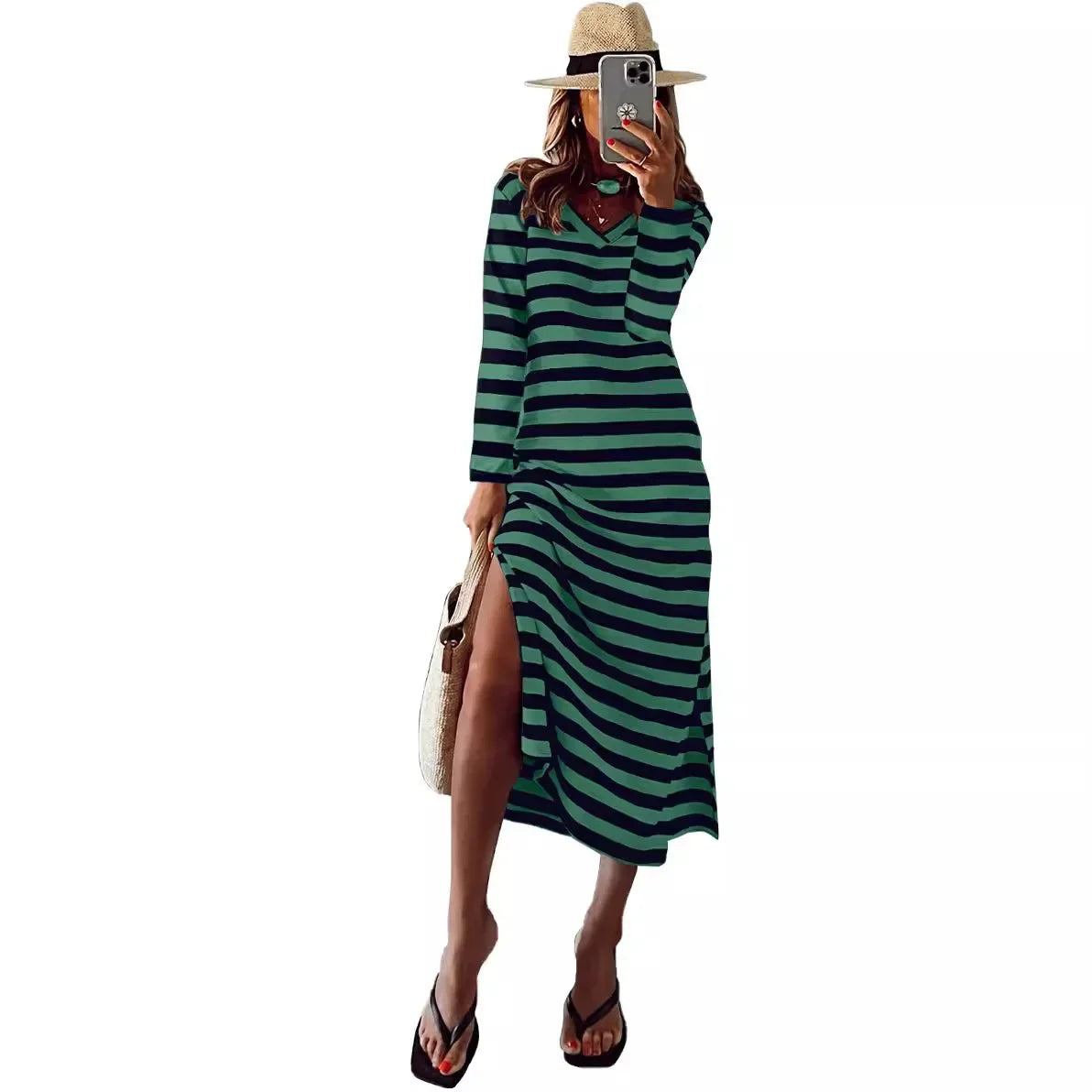 Cralom Women's V-neck Striped Long Sleeve Slit Dress