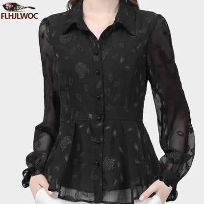 Cralom Black Lace Slim Fit Blouse: Vintage French Design, Elegant & Cute Office Wear