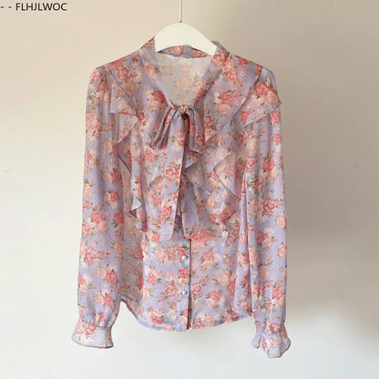 Cralom Vintage Flower Print Women's Ruffled Bow Tie Long Sleeve Shirt - Pink Chic Button Top