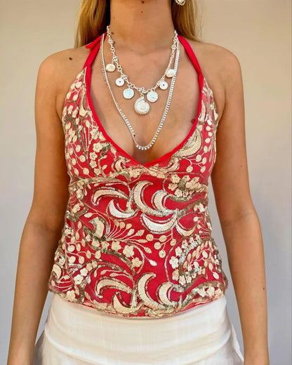 Cralom Sequin Halter Vest: Glittery Beaded Boho Crop Top for Summer Beach Looks