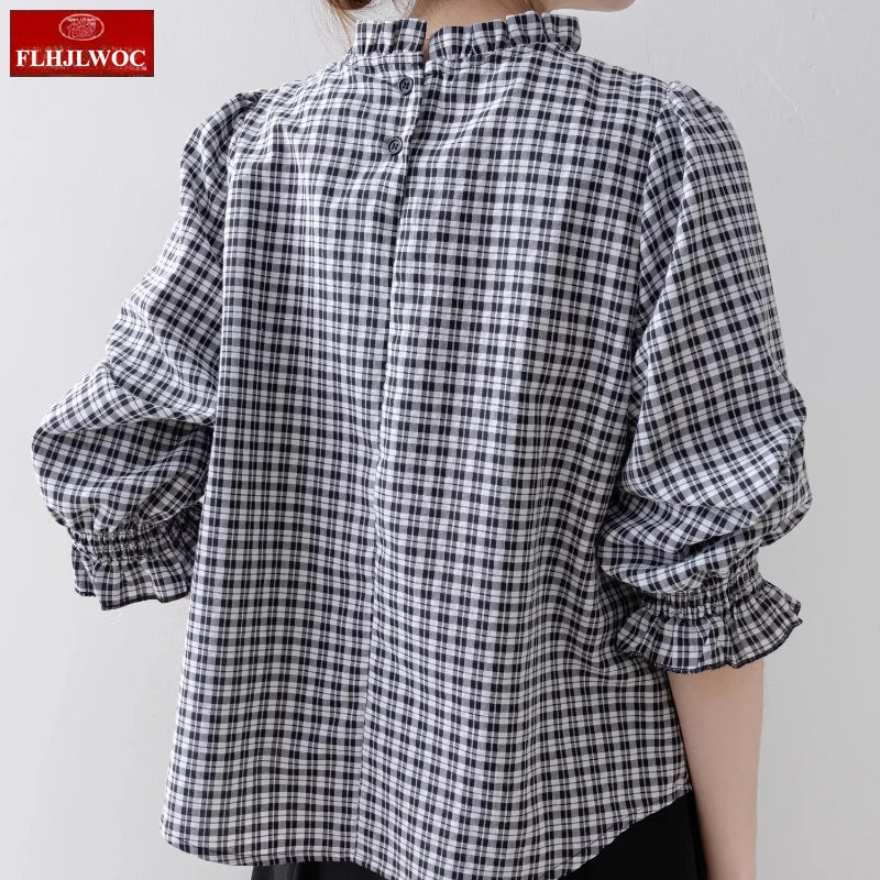 Cralom Black Plaid Half Sleeve Shirt Women Summer Office Basics Vintage Blouse