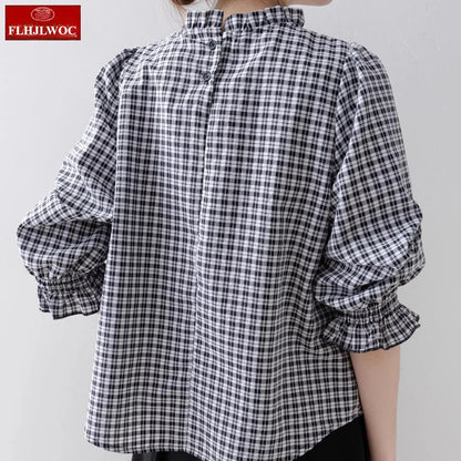 Cralom Black Plaid Half Sleeve Shirt Women Summer Office Basics Vintage Blouse