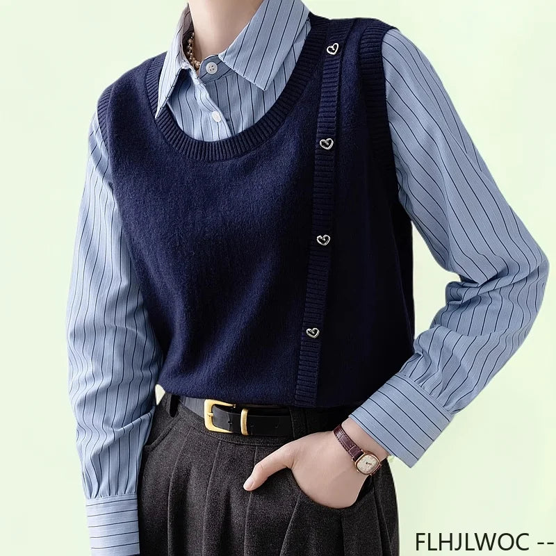 Cralom Patchwork Striped Knit Sweater Office Blouse: Preppy Style Fashion for Women