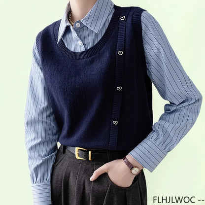 Cralom Patchwork Striped Knit Sweater Office Blouse: Preppy Style Fashion for Women