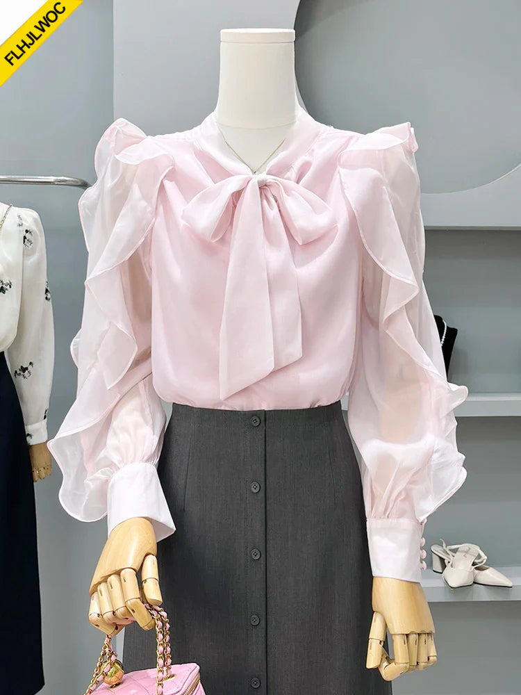 Cralom Pink Bow Tie Long Sleeve Blouse - Elegant Office Lady Korean Style Tops