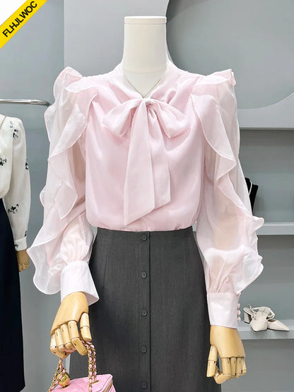 Cralom Pink Bow Tie Long Sleeve Blouse - Elegant Office Lady Korean Style Tops