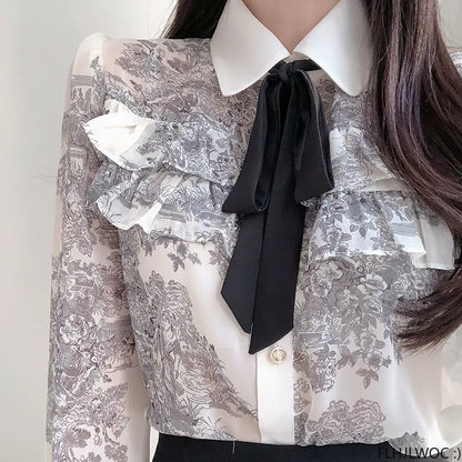 Cralom Ruffled Bow Tie Tops Pink White Blouses