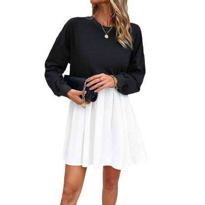 Cralom Long Sleeve Round Neck Patchwork Dress for Spring/Summer