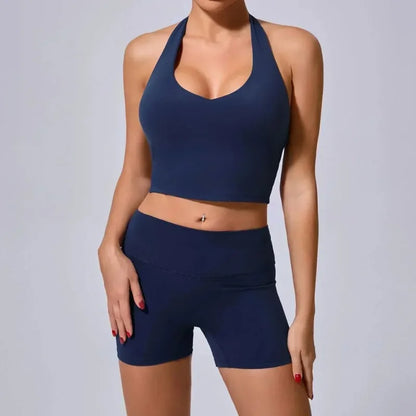 Cralom High Waist Yoga Shorts & Backless Bra Set for Women, Gym Workout Fitness Outfit