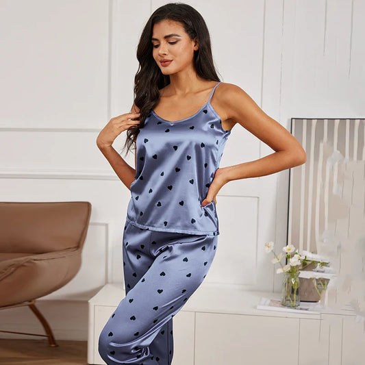 Cralom Silk Pajama Set: V Neck Cami Vest with Trousers, 2 Piece Sleepwear Loungewear