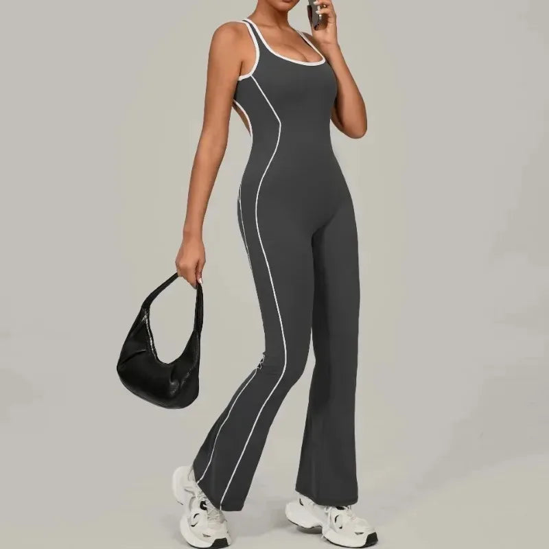 Cralom Seamless Yoga Jumpsuit: Back Hollow Butt Lifting Bootcut Bodysuit