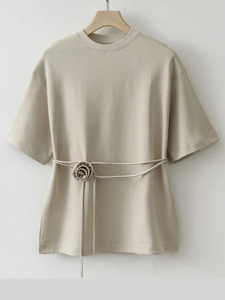 Cralom Lace Up Flower Shirt - Short Sleeve O-Neck Spring Outwear