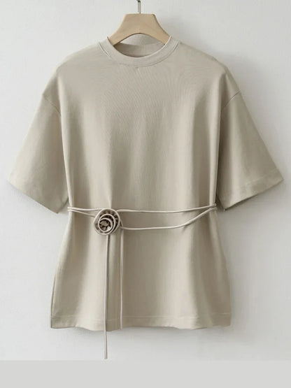 Cralom Lace Up Flower Shirt - Short Sleeve O-Neck Spring Outwear