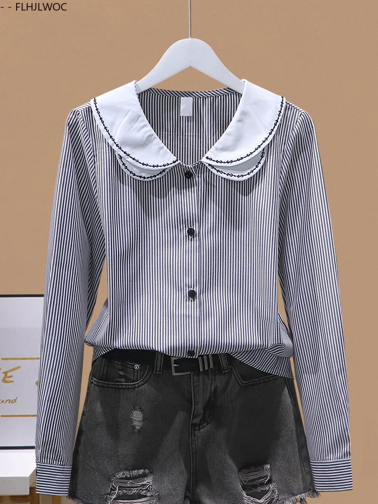 Cralom Embroidered Peter Pan Collar Blouse Long Sleeve Preppy Style Striped Shirt