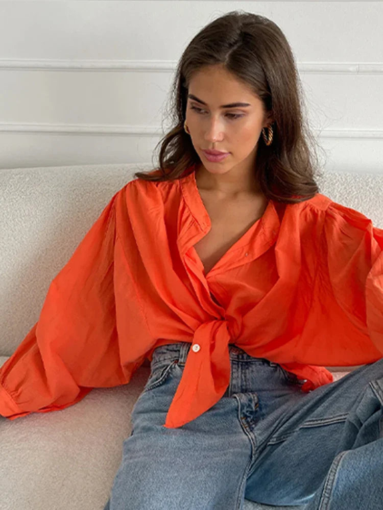Cralom Solid Chiffon Shirt O Neck Long Sleeve Elegant Blouse