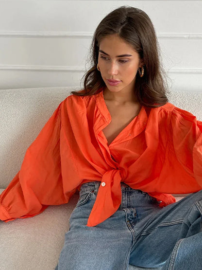Cralom Solid Chiffon Shirt O Neck Long Sleeve Elegant Blouse