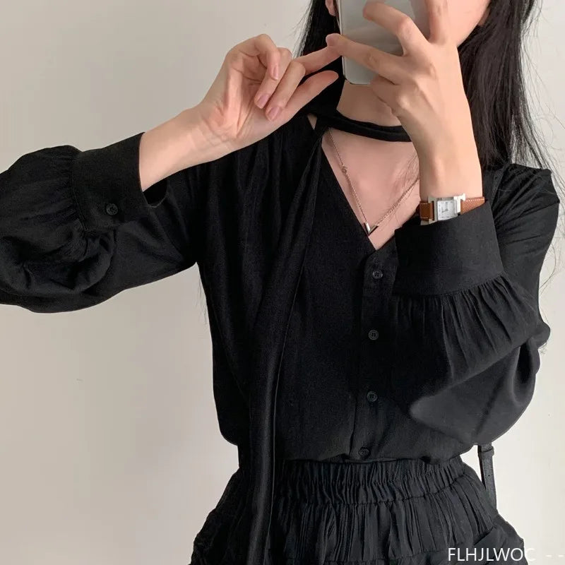 Cralom Classic Black Bow Tie Blouse Elegant Office Style Ruffled Long Sleeve Top