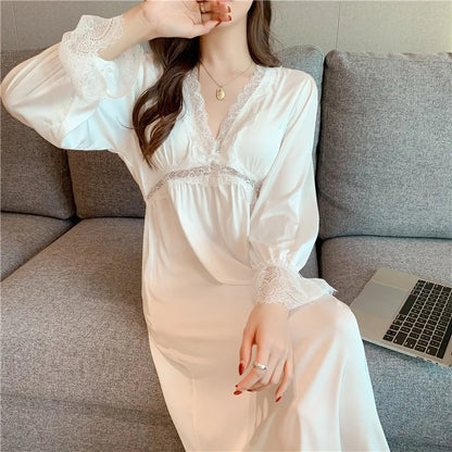 Cralom Long-sleeved Princess Style Nightgown for Women - Spring/Autumn Fashion with Chest Pad
