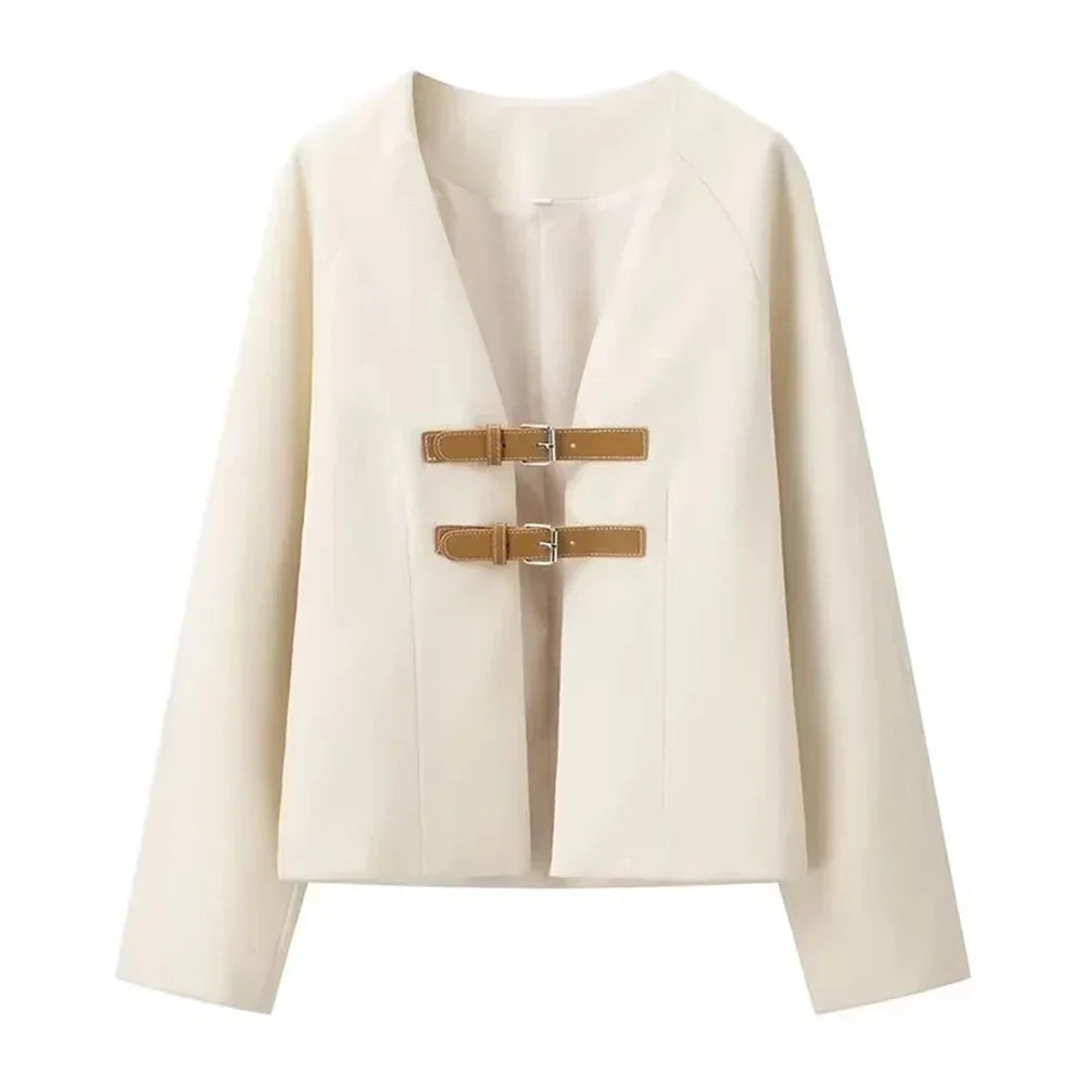 Cralom Button Chic V Neck Jacket Women's Slim Coat