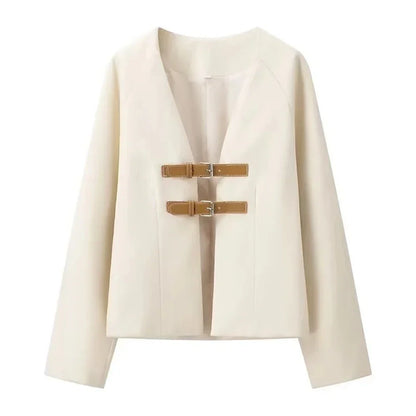 Cralom Button Chic V Neck Jacket Women's Slim Coat