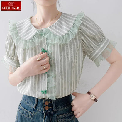 Cralom Butterfly Button Peter Pan Collar Blouse Cute Preppy Style Women Tops