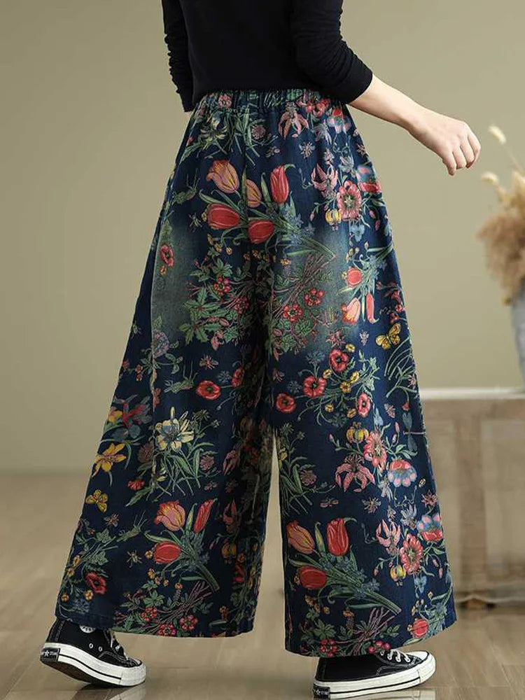 Cralom High Waist Wide Leg Print Jeans