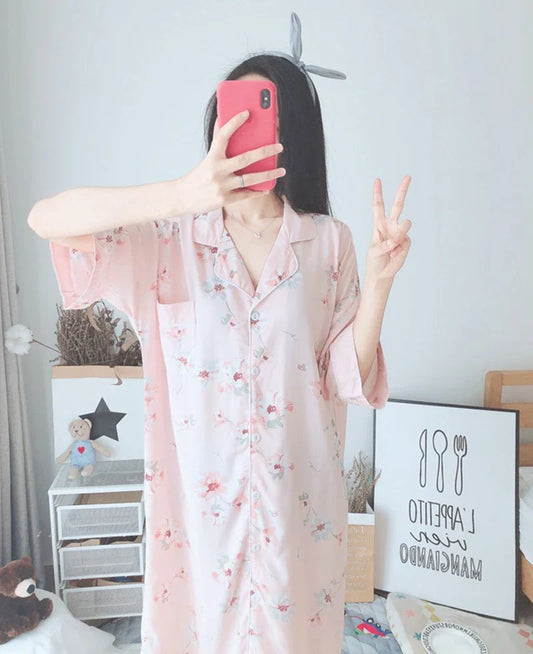 Cralom Soft Floral Nightgown Sleepdress Half-Sleeve Lapel Homewear Comfy