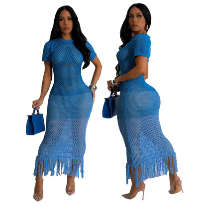 Cralom Gradient Color Short Sleeve Hollow Mesh Knitted Beach Skirt