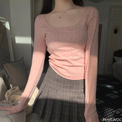 Cralom Flower Print Vintage Long Sleeve O Neck Tee
