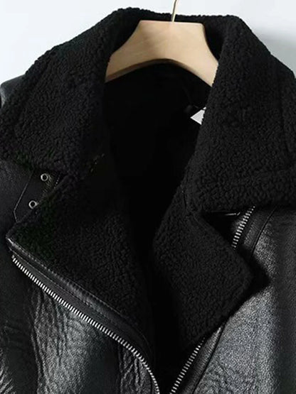 Cralom Women's Sheepskin Aviator Jacket Faux Leather Fur Winter Coat
