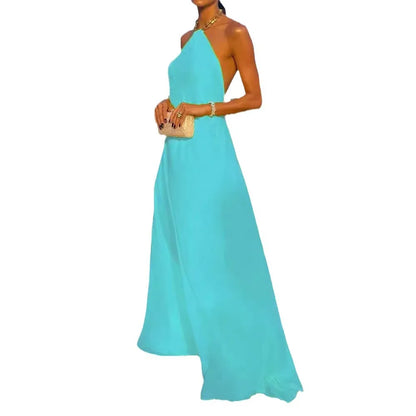 Cralom Solid Color Hanging Neck Long Dress