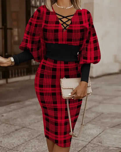 Cralom Red Plaid Bodycon Dress: Deep V Neck, Long Sleeve, Elegant Autumn Party Christmas Midi