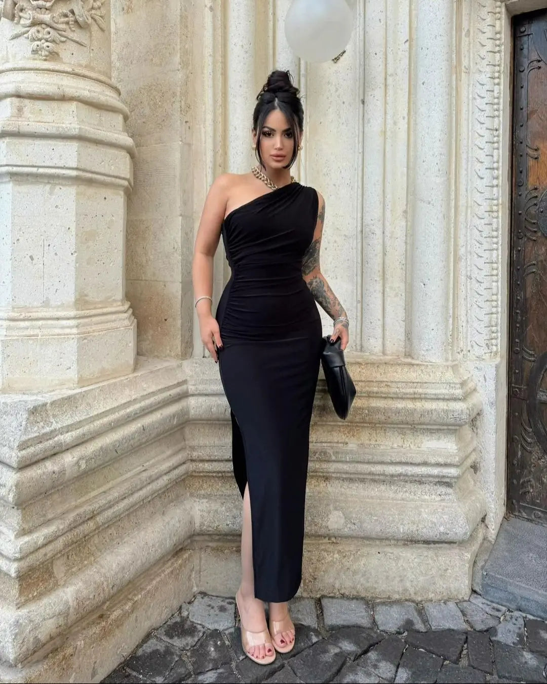 Cralom Summer Solid Color Shoulder Slit Dress