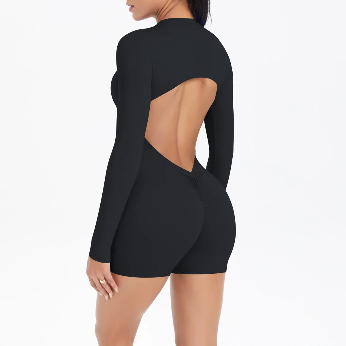 Cralom Seamless Yoga Bodysuit with Cut-Out Back, Half Zip & Peach Booty Lift