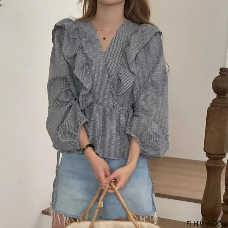 Cralom 2023 Ruffled Plaid Peplum Baby Shirt for Women